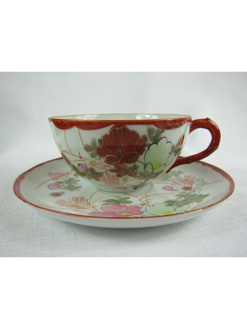 Antique Floral Red Pink Green & Gold Accent Tea Cup & Saucer Set Hand Painted